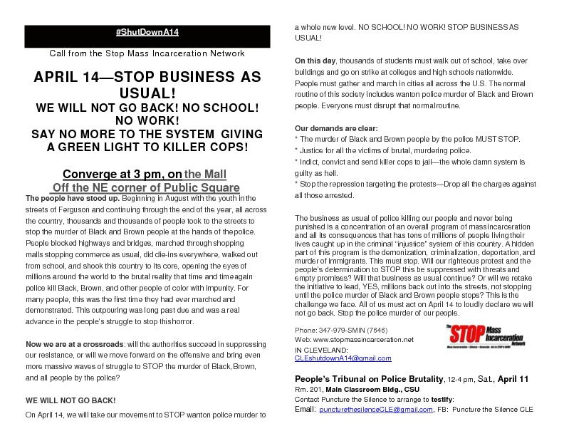 1/2 page CLEshutdownA14/PTS Flyer for April 14, 2015 Protest