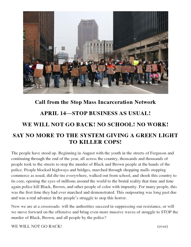 2nd Call for April 14, 2015, Protest, p. 1 of Puncture The Silence Flyer