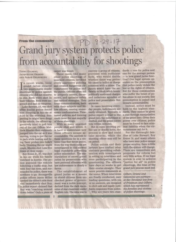 Opinion piece in Cleveland Plain Dealer–Attorneys say grand jury system protects police who kill