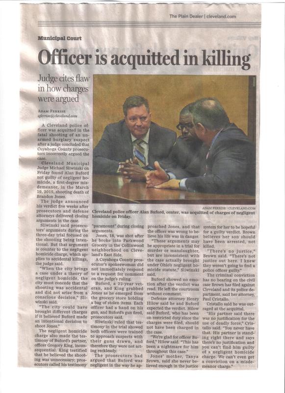 Cleveland Plain Dealer Article–Cop acquitted, killed Brandon Jones