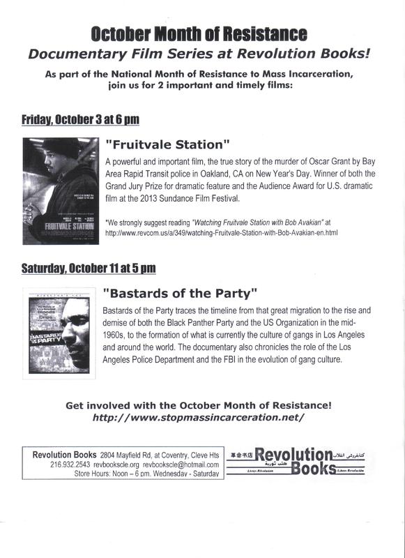 Flyer Announcing Documentary Film-Showings at Revolution Books–Fruitvale Station & Bastards of the Party