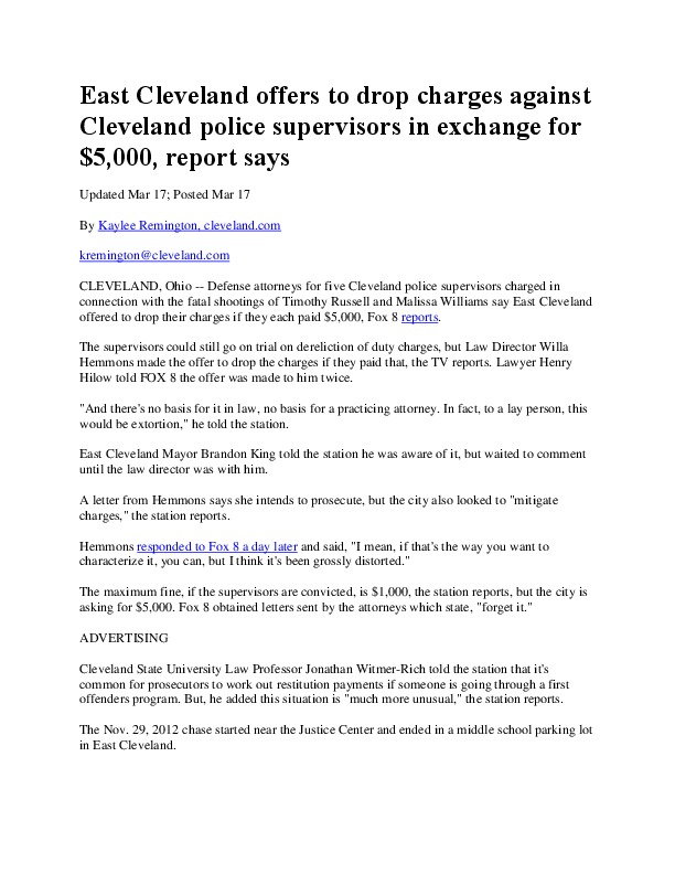 Cleveland Plain Dealer Article–E. Cleveland considers dropping charges in 137 shots case