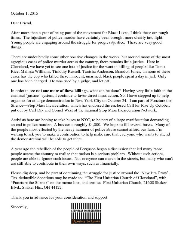 Fundraising letter for October, 2015, Protest in NYC