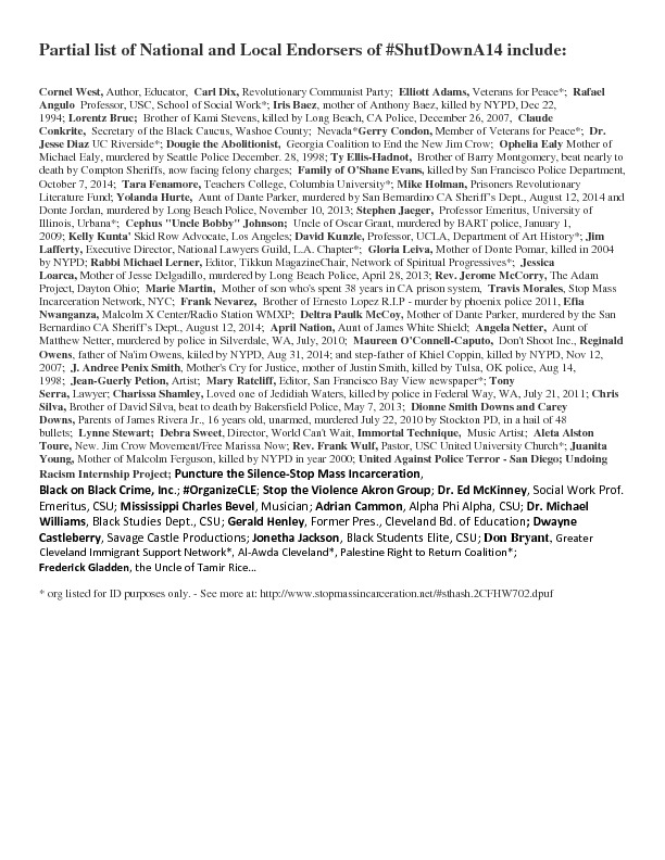 Partial List of Endorsers of April 14 Protest