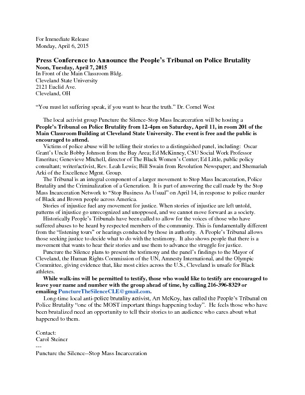 People’s Tribunal on Police Brutality Press Release