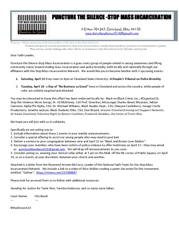 Puncture The Silence Letter to Faith Leaders about April 14, 2015