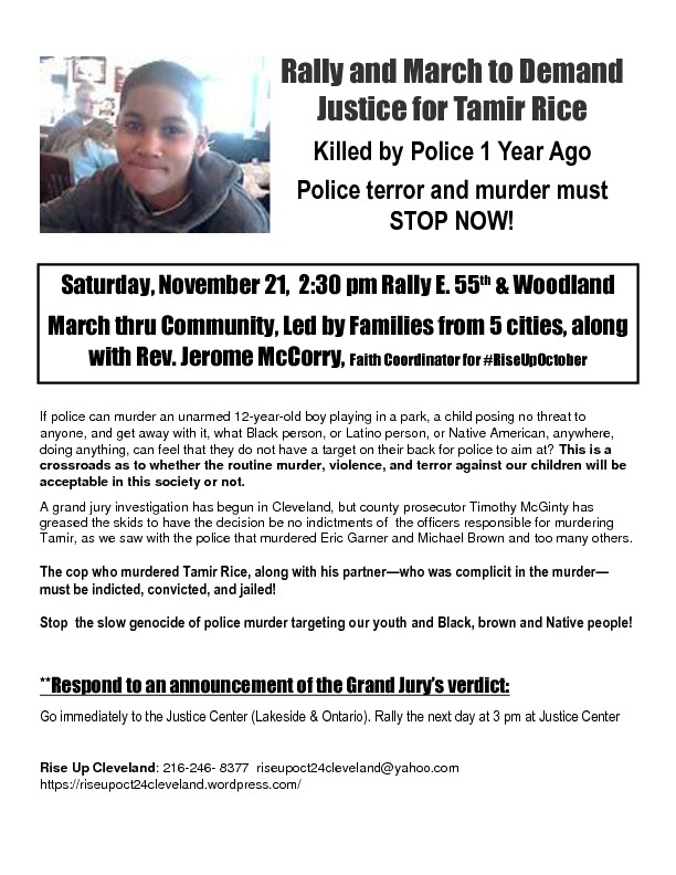 Rise Up Cleveland Flyers and Changes for March and Speakout around the Anniversary of Tamir Rice’s Death