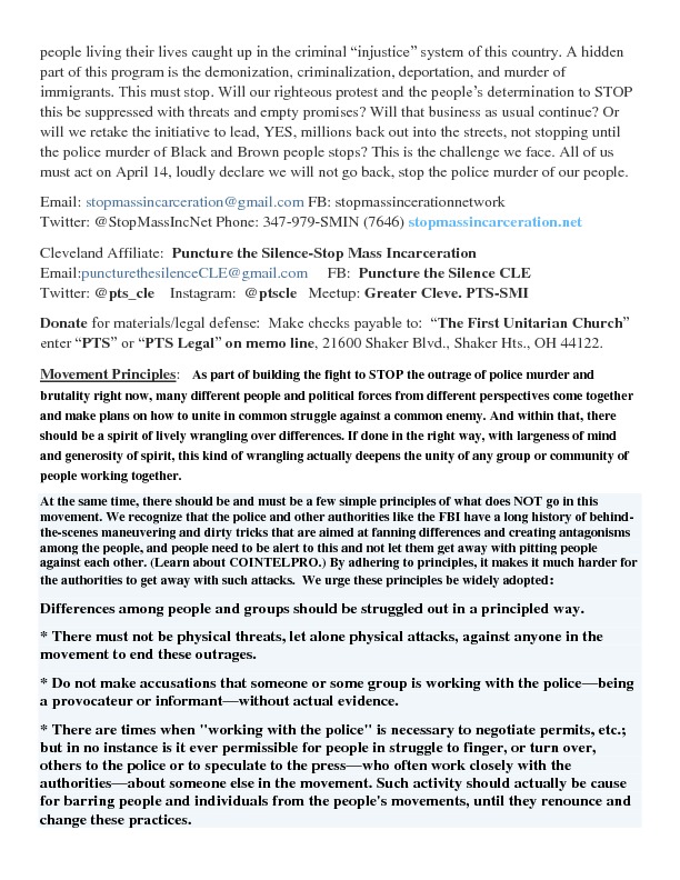 Stop Mass Incarceration Network Call for April 14, 2015, Protest and Movement Principles — Puncture The Silence Flyer