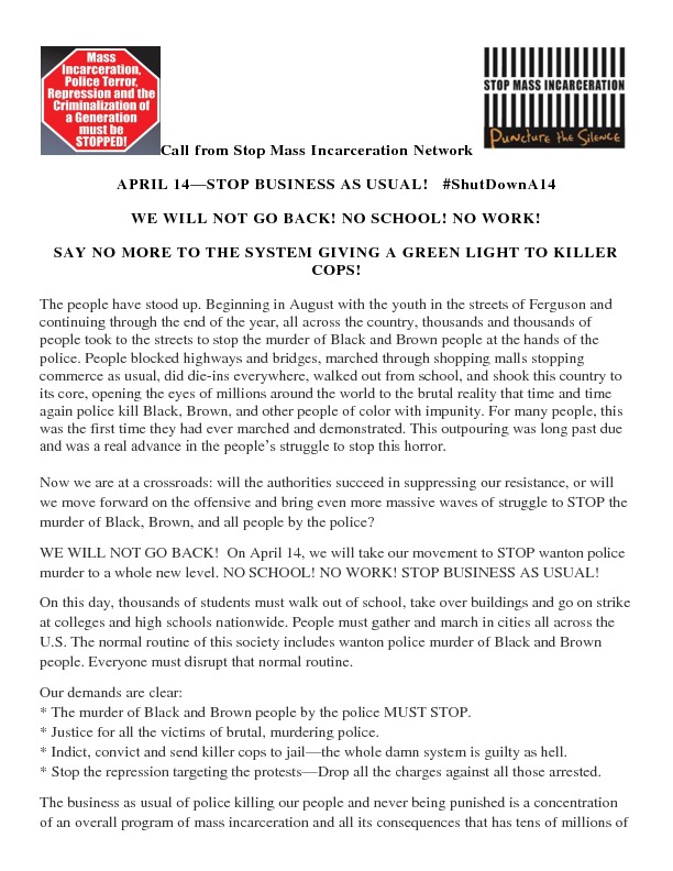 Stop Mass Incarceration Network Call for April 14, 2015, Protest — Puncture The Silence Flyer