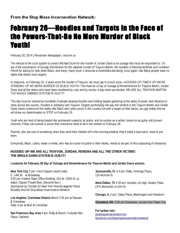 Stop Mass Incarceration Network Call for Feb 26, 2014, Hoodies-Up Protest