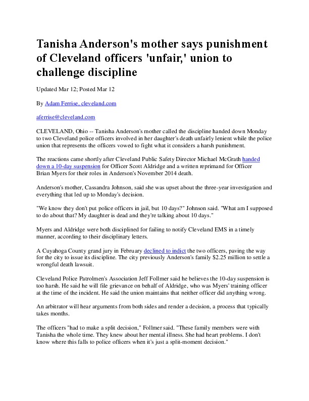 Cleveland Plain Dealer Article–Tanisha Anderson’s mother decries slap-on-the-wrist disciplining of Myers and Aldridge, cops who killed Tanisha.