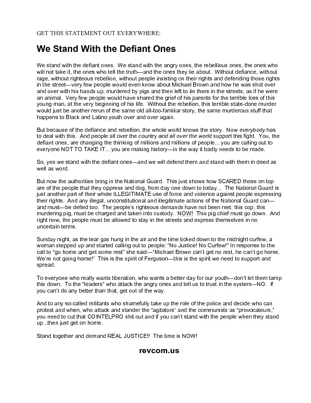 Revcom.us Statement–We Stand with the Defiant Ones (Ferguson)